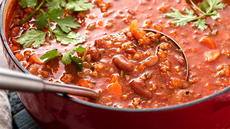 Pot of chili with ladle 