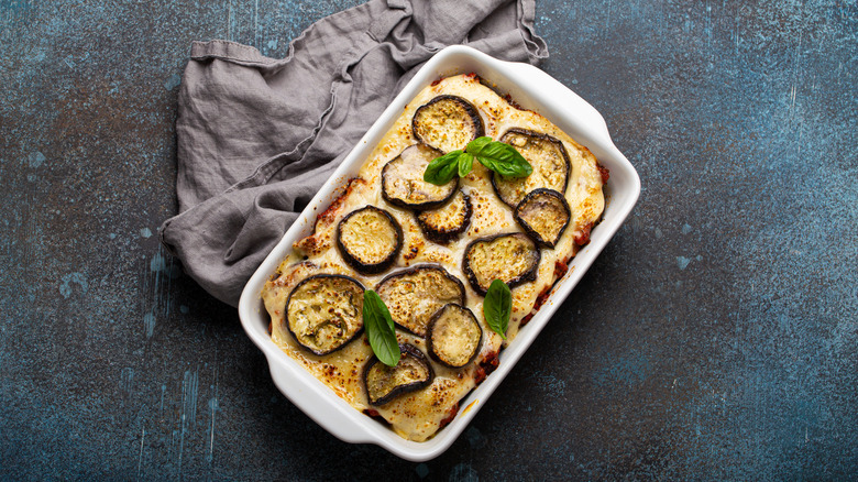 stoneware casserole dish with lasagna