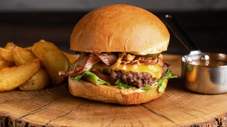 Burger on a wooden table