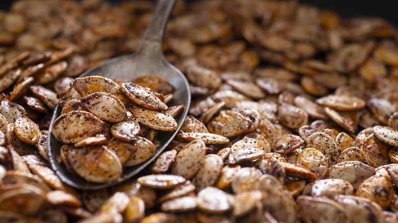 Seasoned roasted pumpkin seeds in a spoon