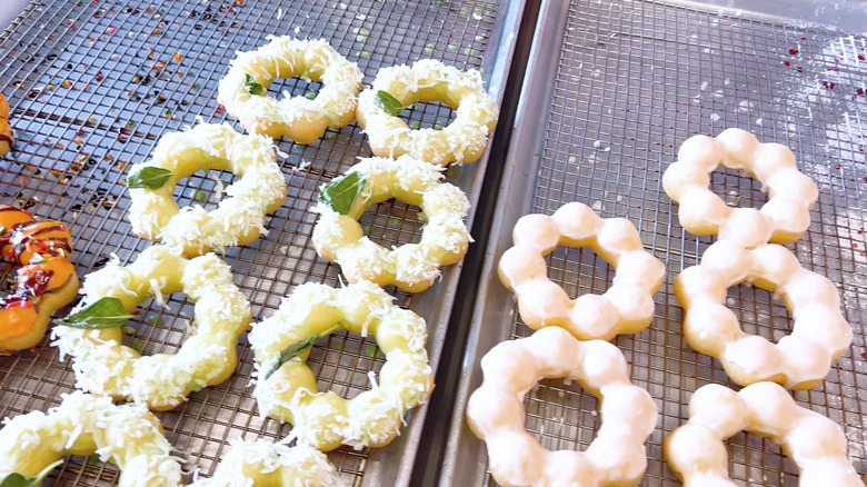 Mochi donuts on baking pan