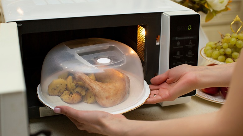 Person cooking food in microwave