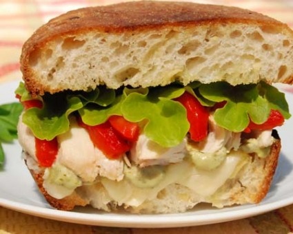 Toasted Tuscan Chicken Sandwich with Roasted Red Peppers, Fontina, and Pesto Mayonnaise Recipe