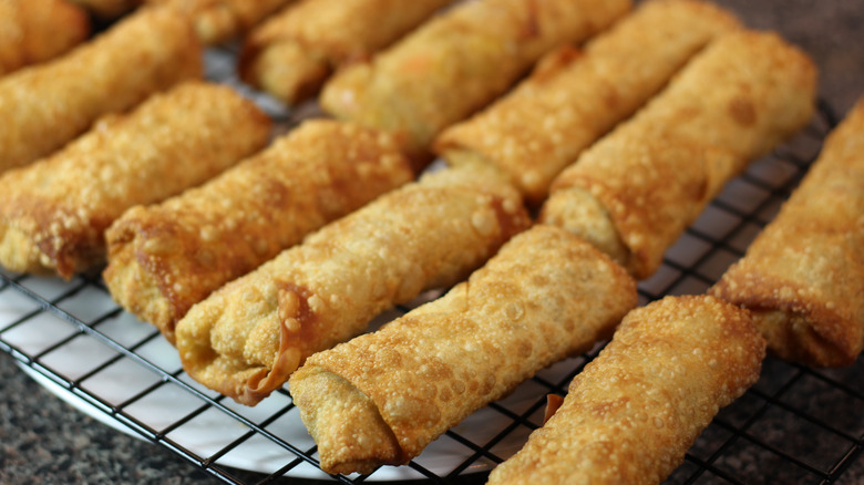 Egg rolls on a cooling rack