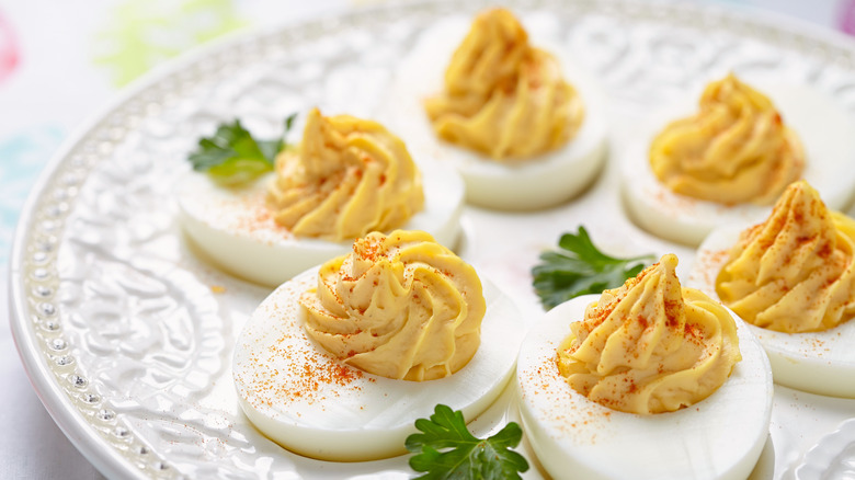 Deviled eggs with a sprinkling of paprika