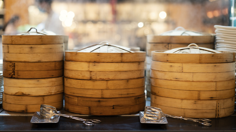 Stacked bamboo steaming baskets