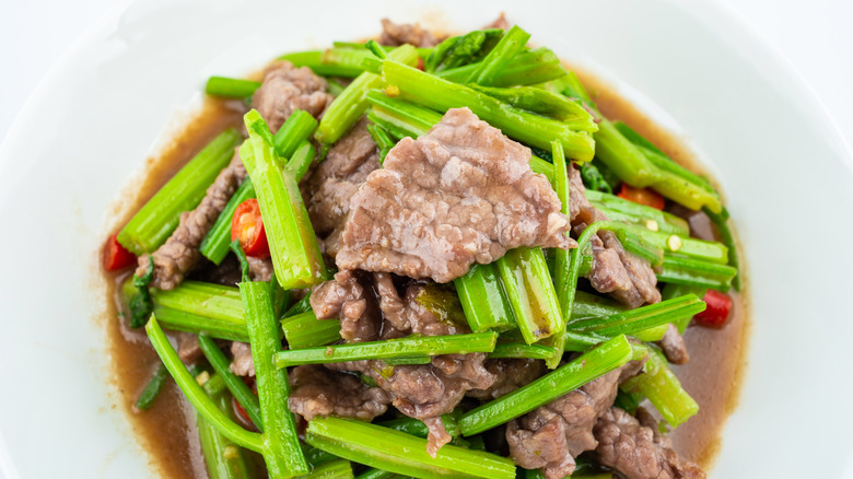 Celery and beef stir-fry close up