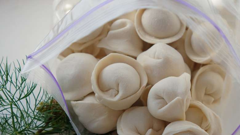 Frozen dumplings in plastic bag