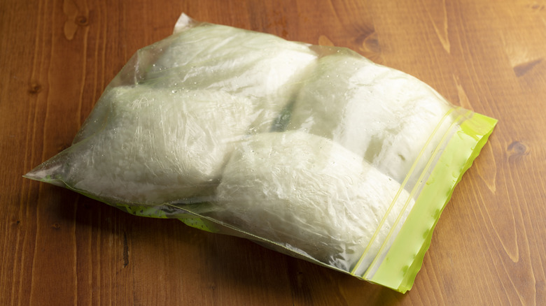 Portions of frozen rice in a bag