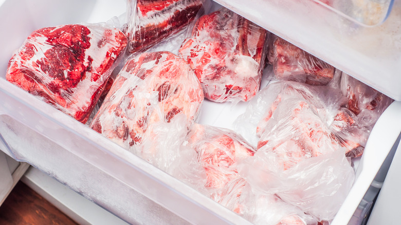 Frozen meat in the freezer