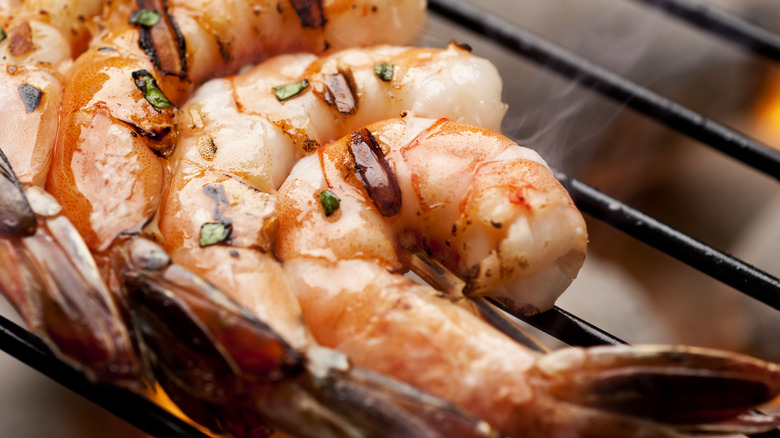 Close up shrimp on a grill