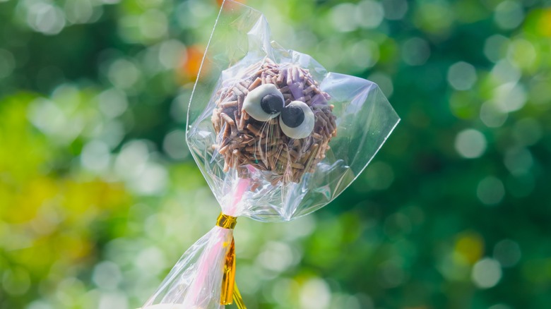 A cake pop in an individual plastic wrap