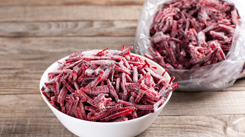 frozen beets in bag and bowl