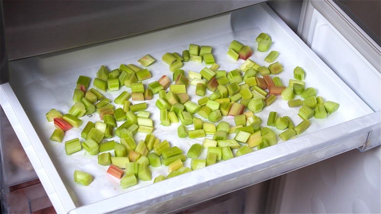 Chopped rhubarb in freezer drawer