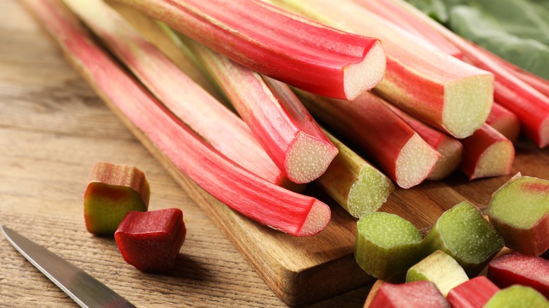 cut and trimmed stalks of rhubarb