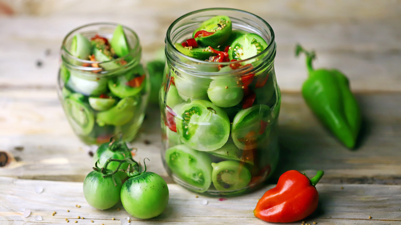 jars of pickled green tomatoes