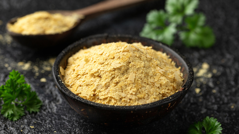 nutritional yeast in a bowl on a dark background