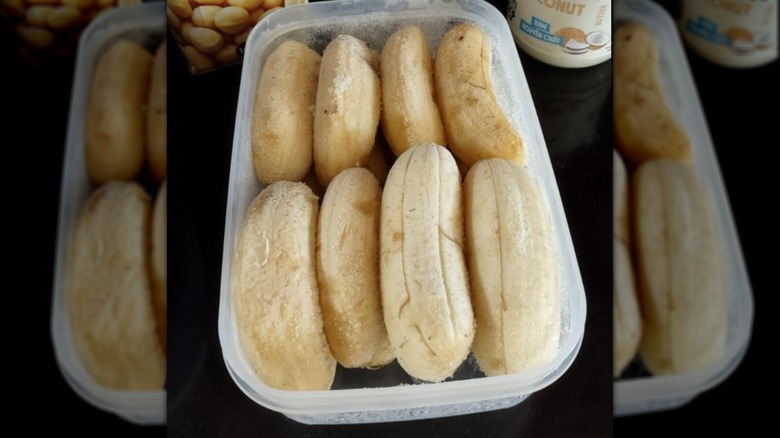 Frozen bananas in a container