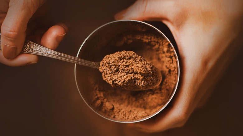 Top-down view of a spoonful of cocoa powder