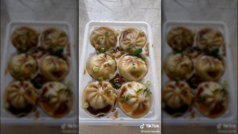 Korean dumplings with sauce and scallions 