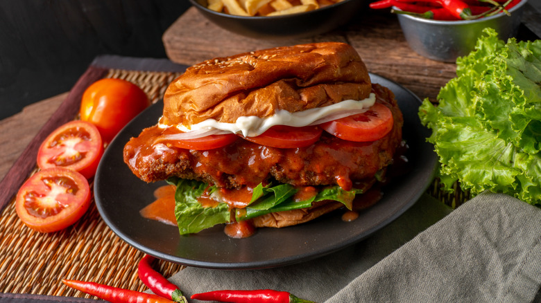 Buffalo fried chicken sandwich on plate