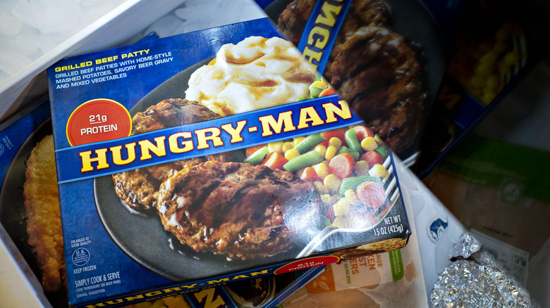 Hungry-Man frozen dinner box in freezer drawer