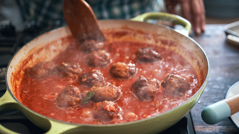 Pot of meatballs in sauce