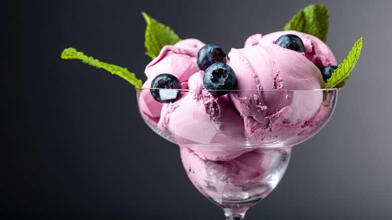 fresh berries on blueberry ice cream