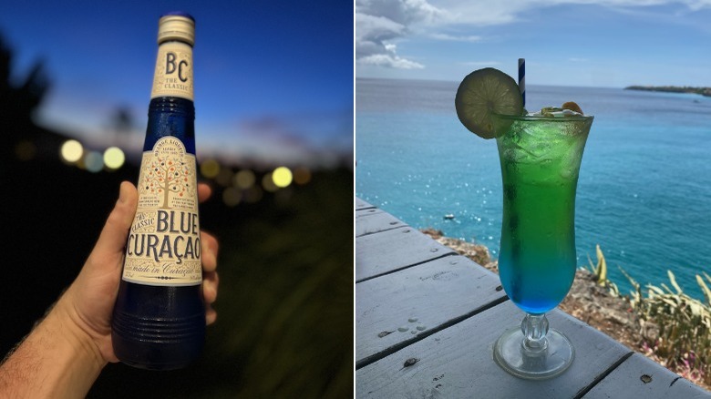 a bottle of Blue Curaçao and a drink