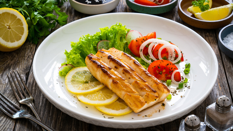 Seared calamari steak and vegetables