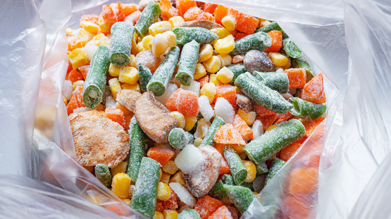 frozen vegetables in open plastic bag