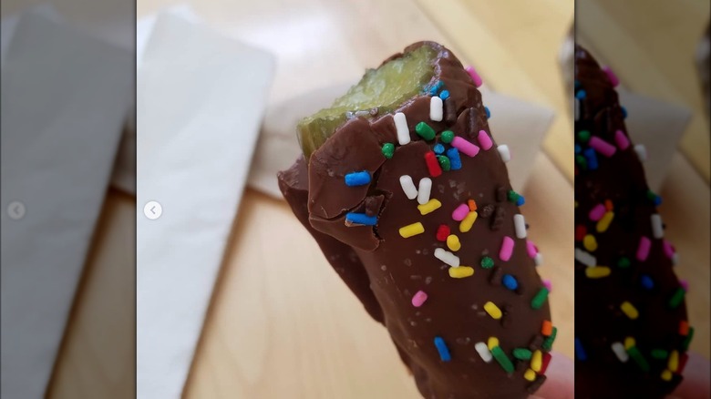 Chocolate dipped pickle on a stick