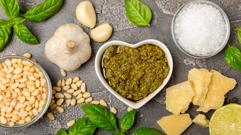 Pine nuts, garlic, parmesan, basil