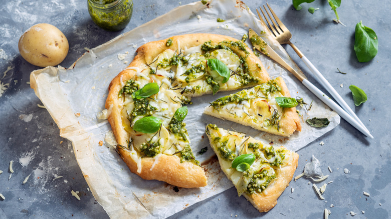 pizza with pesto sauce