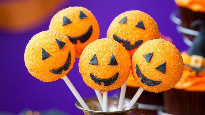 Halloween cake pops in a cauldron jar