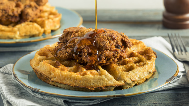 fried chicken, golden waffle, syrup