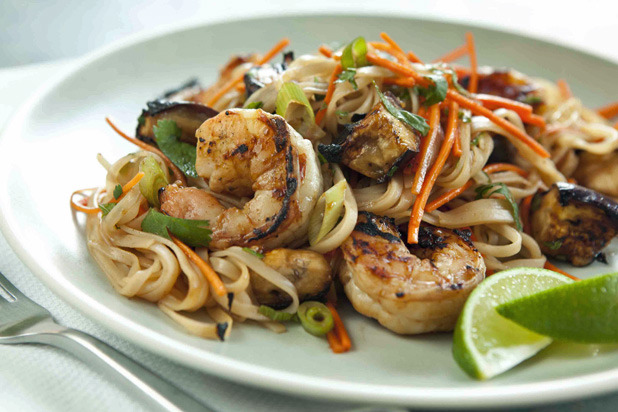 Grilled Shrimp and Eggplant Summer Noodle Bowls