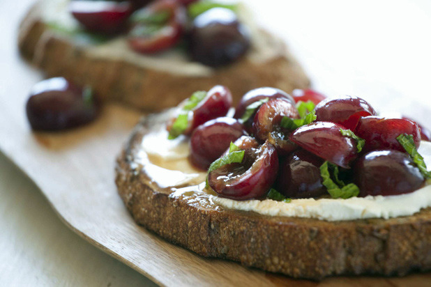 Goat Cheese Bruschetta with Cherries and Mint