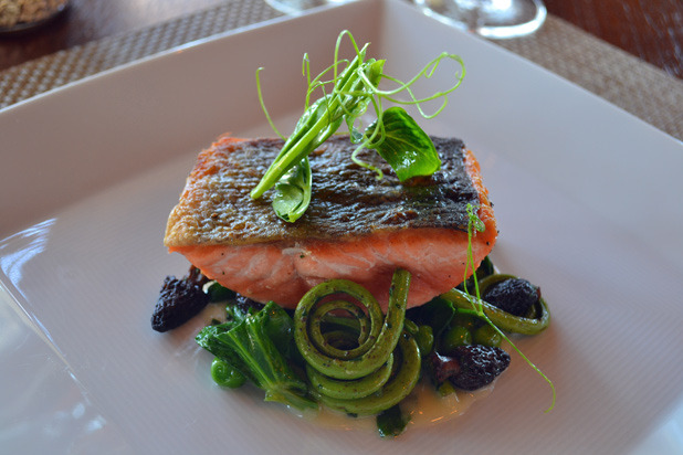 Pan-Roasted Salmon with Morel Mushrooms, Fiddlehead Ferns, and English Peas