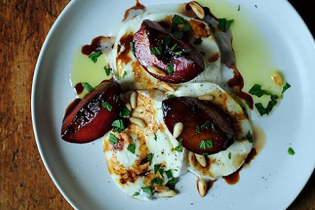 Buffalo Mozzarella with Balsamic Glazed Plums, Pine Nuts, and Mint Recipe