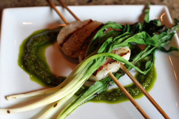 Seared Scallops with Grilled Ramps and Chimichurri