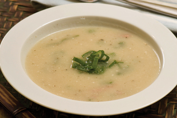 Creamy White Turnip Soup with Spring Onions and Roasted Garlic