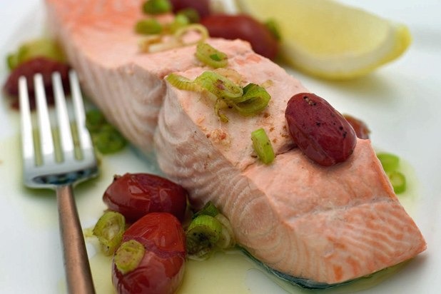 Poached Wild Salmon with Skillet Tomatoes