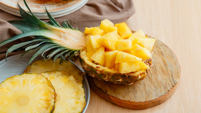 Chopped pineapple in pineapple half