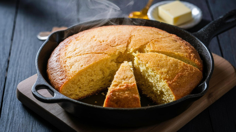 Cast iron skillet cornbread sliced into wedges