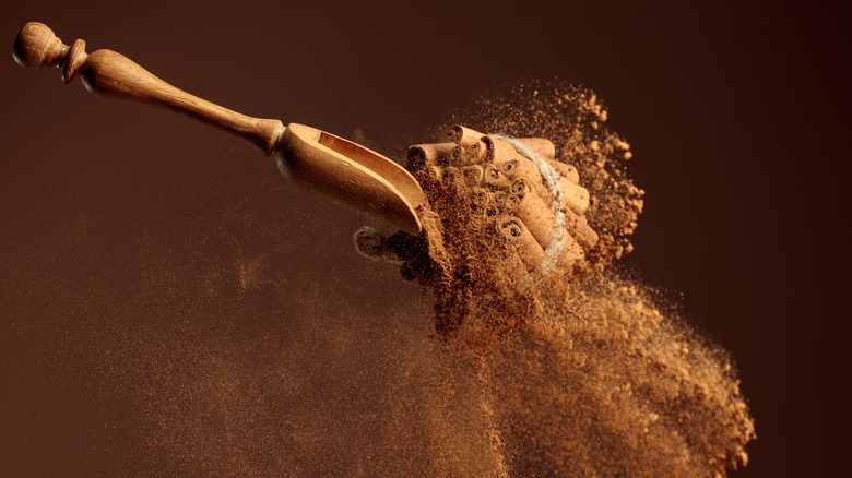 cinnamon pouring from wooden spoon