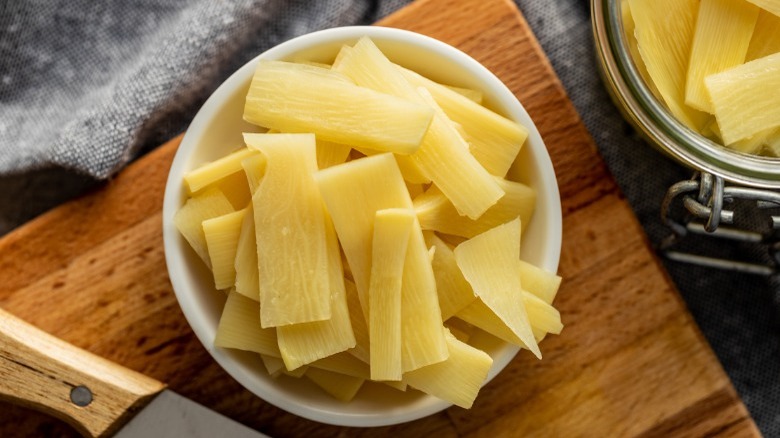 Sliced bamboo shoots in bowl