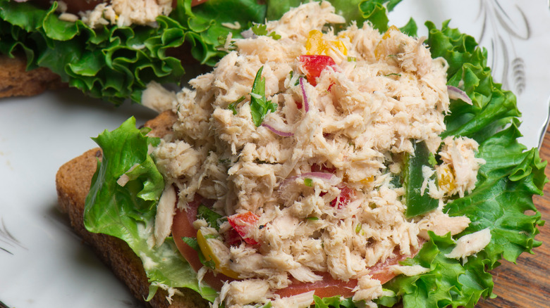 Chopped bell peppers in tuna salad