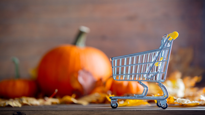 a miniature shopping cart in front of a pumpkin