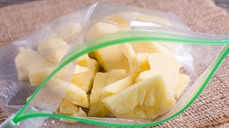 Frozen pineapple in storage bag